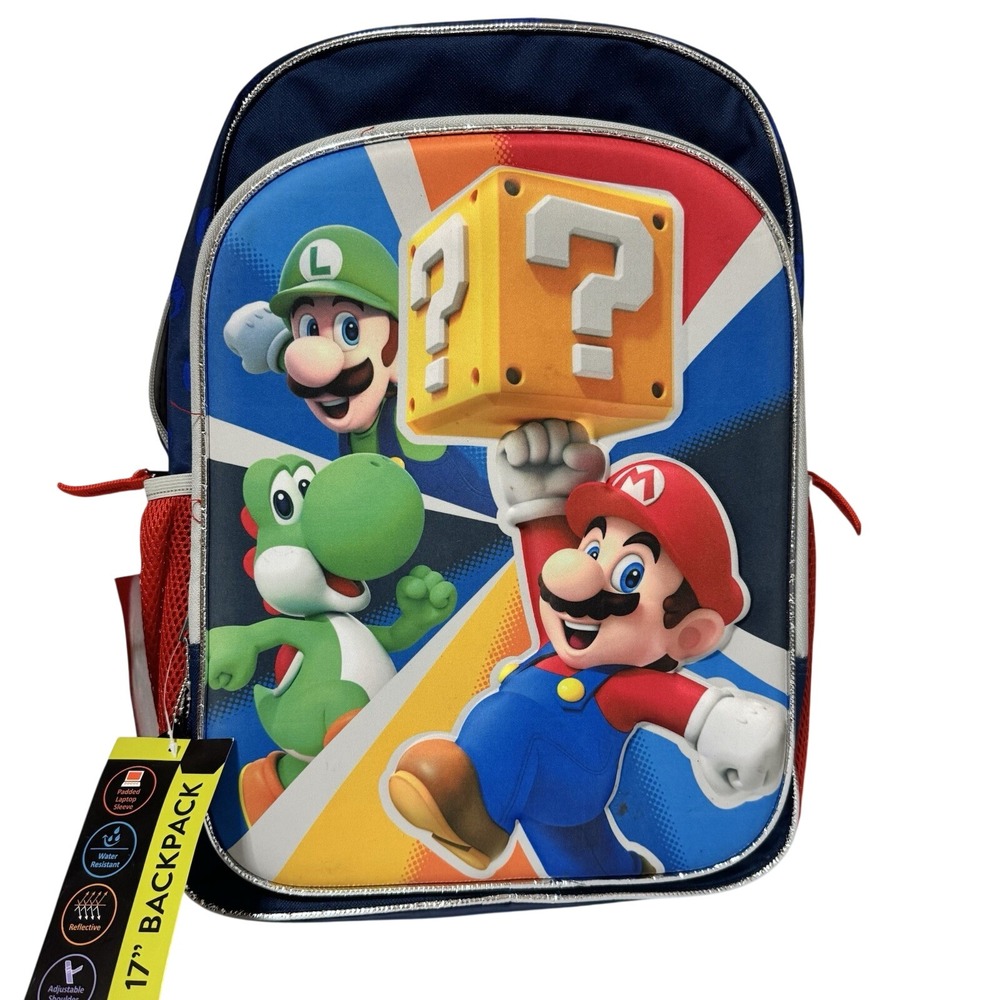 Super Mario backpack kids OS blue Mario Luigi Yoshi 17 inch school bag NWT